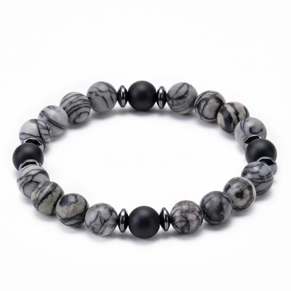 8mm Gray Map Stone Jasper & Matte Black Natural Stone Beaded Bracelet NEW